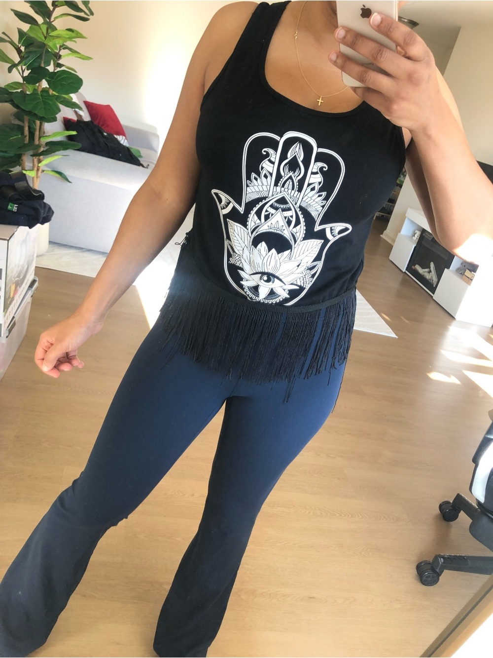 Black Hamsa Graphic Fringe Tank Top